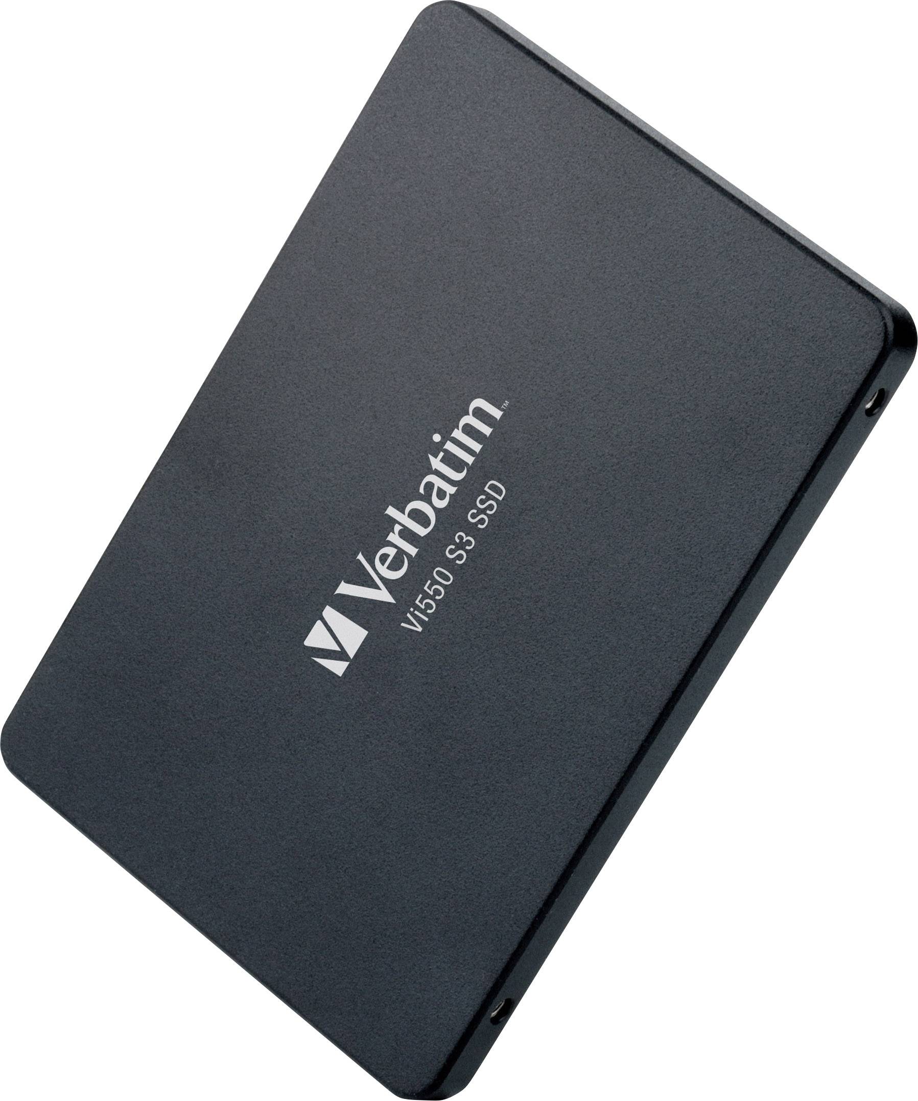 Schwarze Verbatim SSD mit Aufschrift 'Vi550 S3 SSD'. Diagonalansicht zeigt Markenlogo und Modellname.