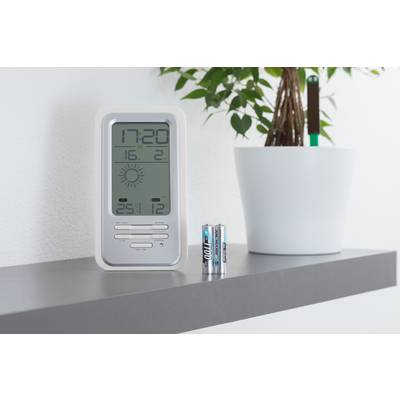 Digitales Thermometer auf Regal zeigt 17:20 Uhr, Sonnen-Symbol, 25,1°C, 16,2°C und 12% Feuchtigkeit. Daneben steht eine Pflanze.