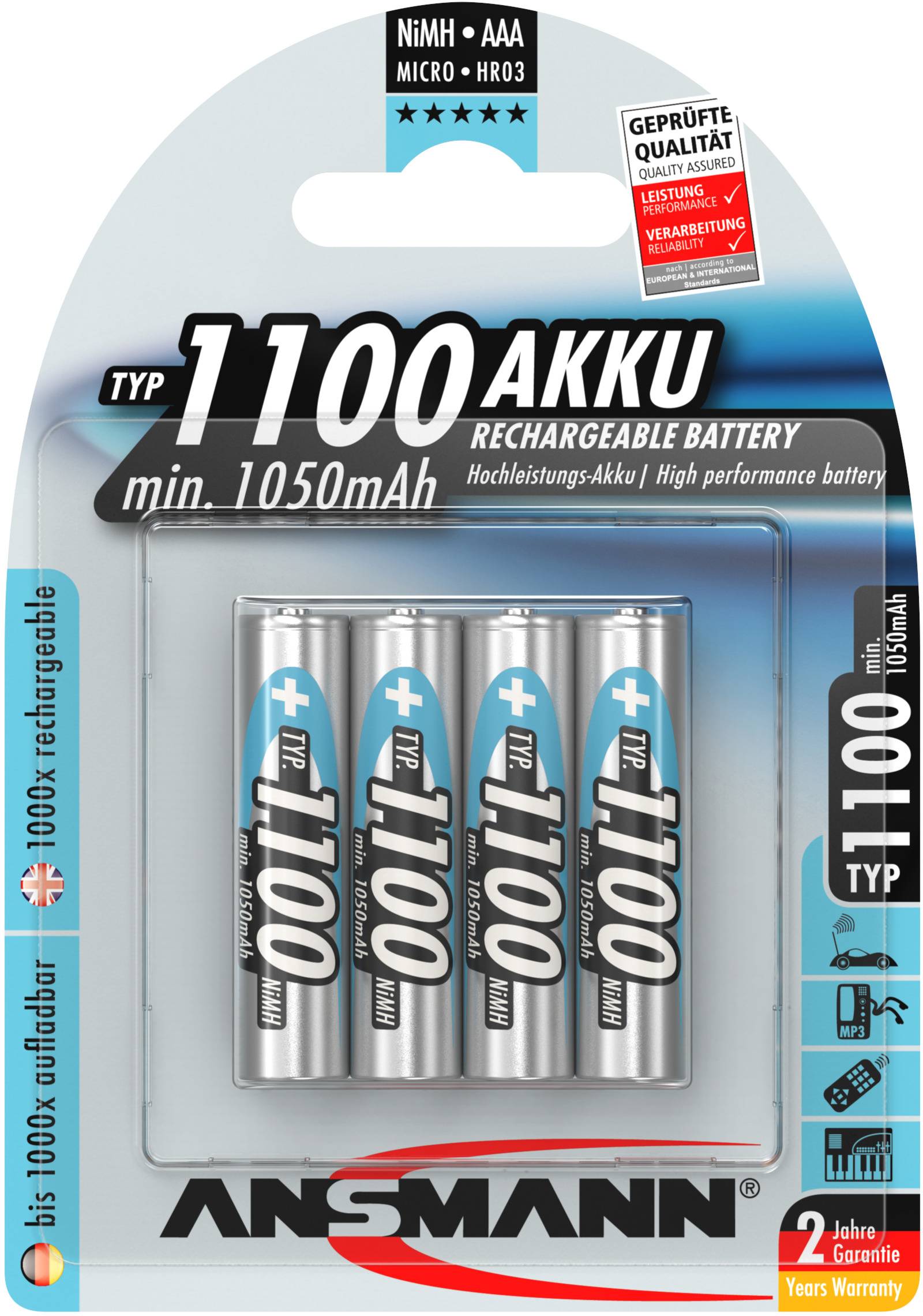 Vier silberne AAA-Akkus des Typs 1100 von Ansmann in Verpackung, hohe Leistung, 1050mAh, geeignet für Hochleistungseinsatz.