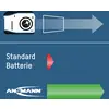 'Diagramm vergleicht Standardbatterie und ansmann-Akku in einer Kamera. Ansmann-Akku zeigt deutlich längere Lebensdauer.'