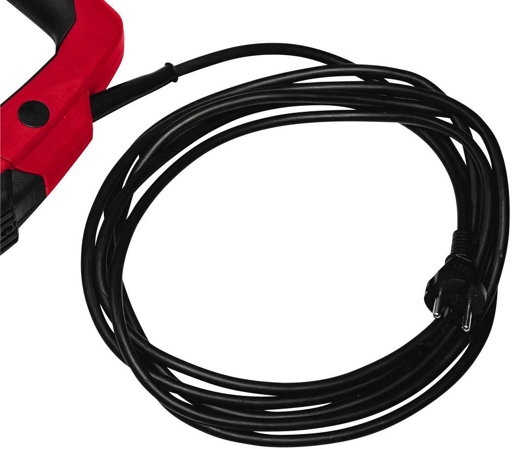 'Rotes tragbares Gerät mit langem schwarzen Kabel und Stecker. Wahrscheinlich ein elektrisches Werkzeug oder Haushaltsgerät.'