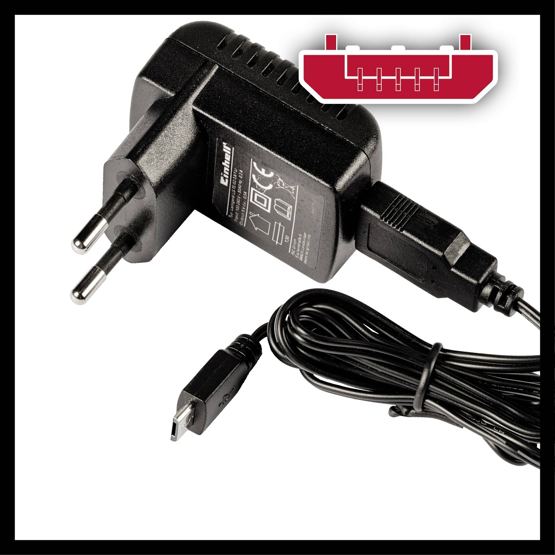 Schwarzes Netzteil mit Eurostecker und USB-Anschluss, abgebildet mit einer roten, schematischen Darstellung eines Stromanschlusses.