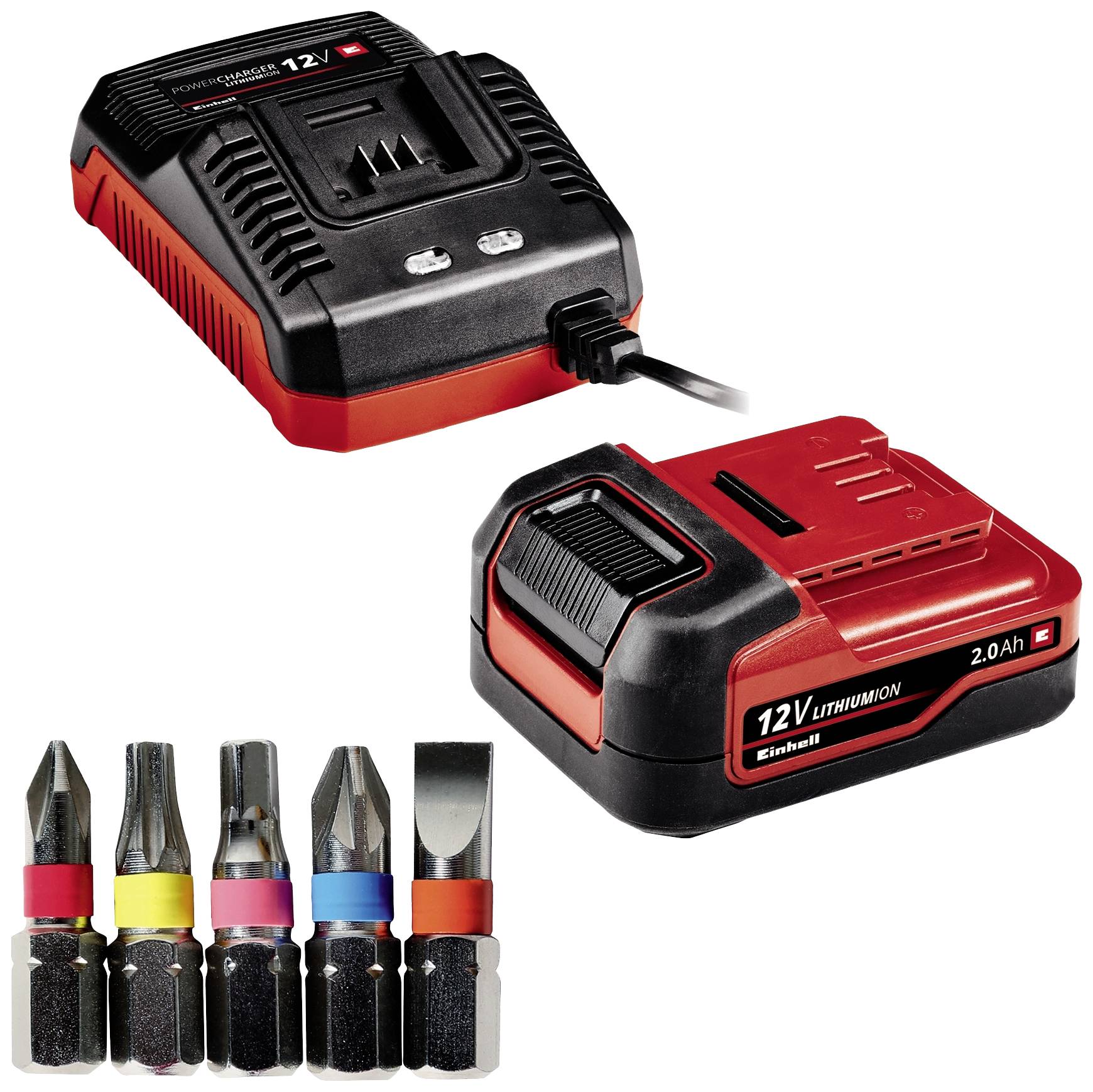 Ein Ladegerät und ein 12V Lithium-Ionen-Akku mit fünf verschiedenen Schraubaufsätzen darunter.