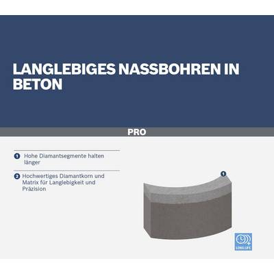 'Langlebiges Nassbohren in Beton' wird angepriesen. Vorteile: Hohe Diamantsegmente und hochwertiges Diamantkorn für Langlebigkeit.