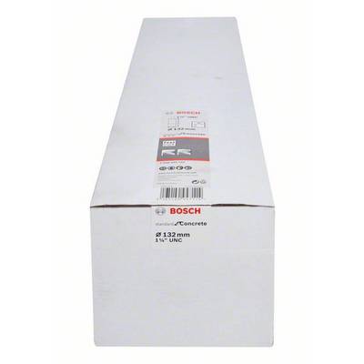 Großer, weißer Karton mit Bosch-Label, enthält Betonbohrkrone mit Durchmesser 132 mm und 1½" UNC-Gewinde, geeignet für Betonarbeiten.