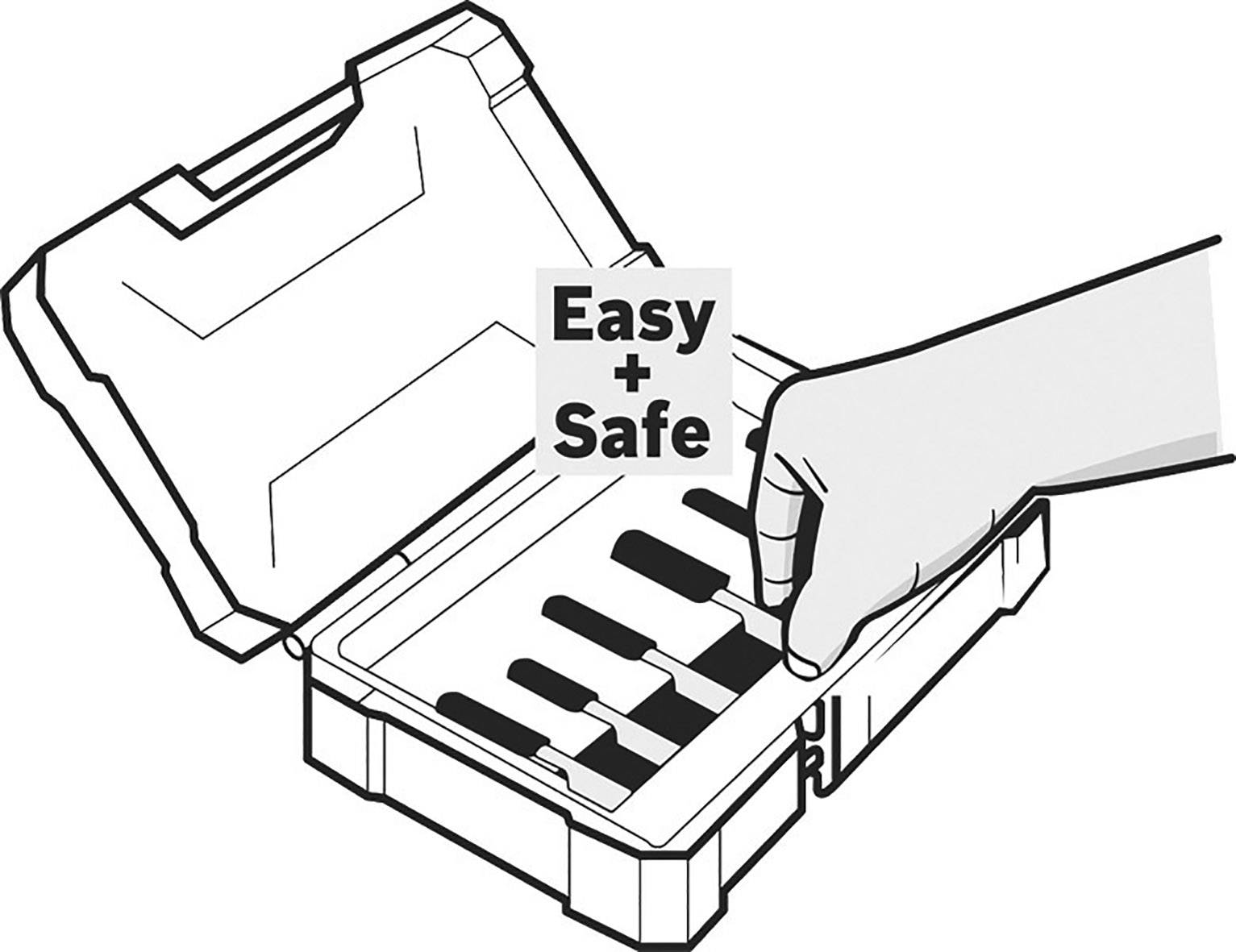 Eine geöffnete Verpackung enthält mehrere Fächer. Eine Hand entnimmt ein Objekt. Ein Schild zeigt den Text 'Easy + Safe'.