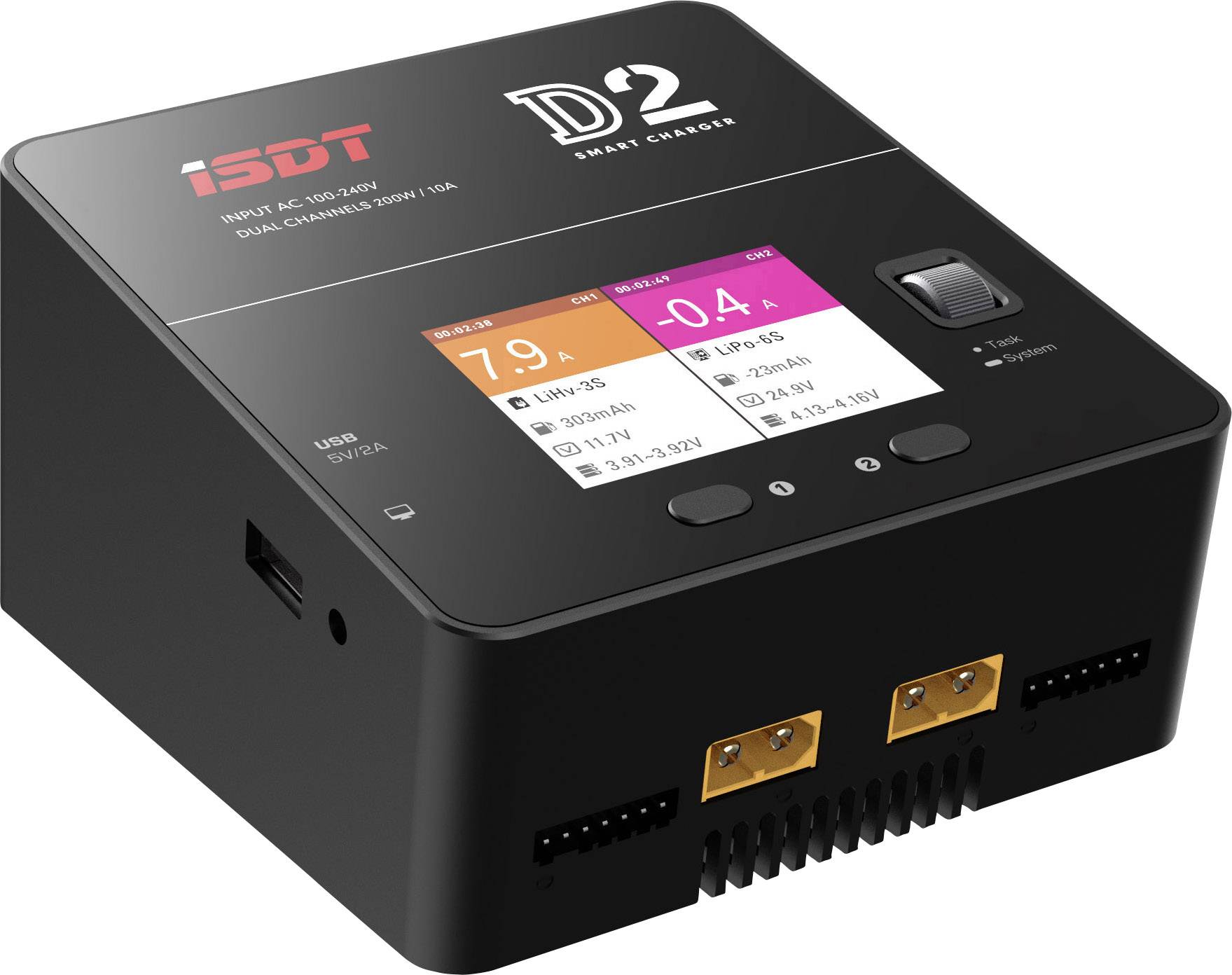 Das Bild zeigt ein Multifunktionsladegerät der Firma ISDT, das für den Anschluss von zwei Akkus vorgesehen ist.