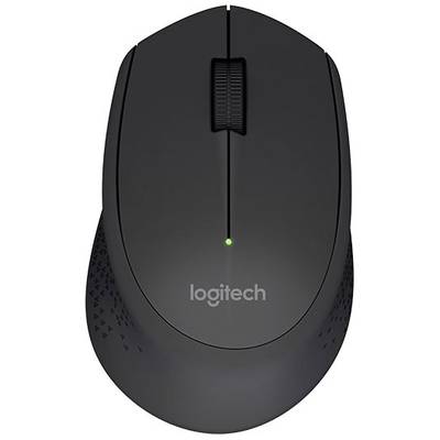 Schwarze Logitech-Maus mit scrollbarem Rad und grünem Licht auf der Oberseite, geeignet für drahtlose Computersteuerung.