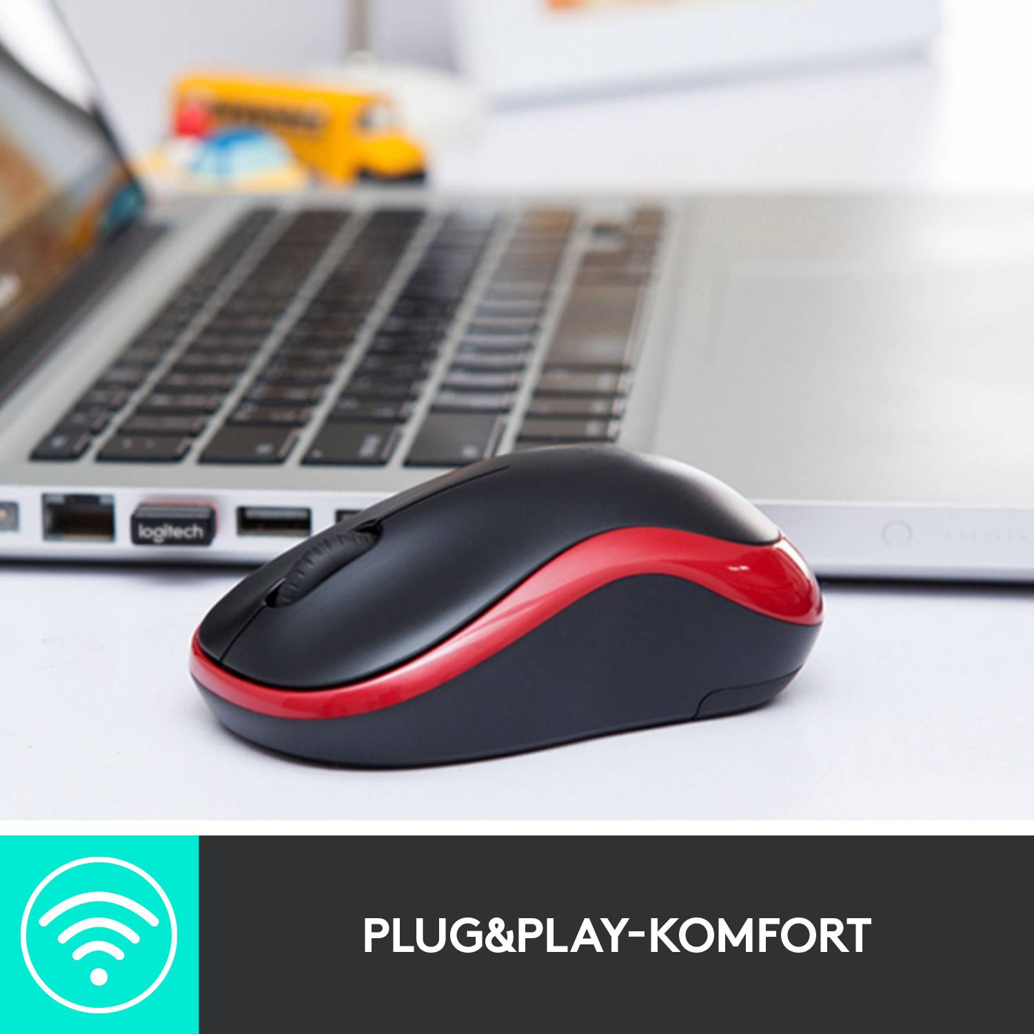 Kabellose Computermaus vor Laptop, betont 'Plug&Play-Komfort'.
