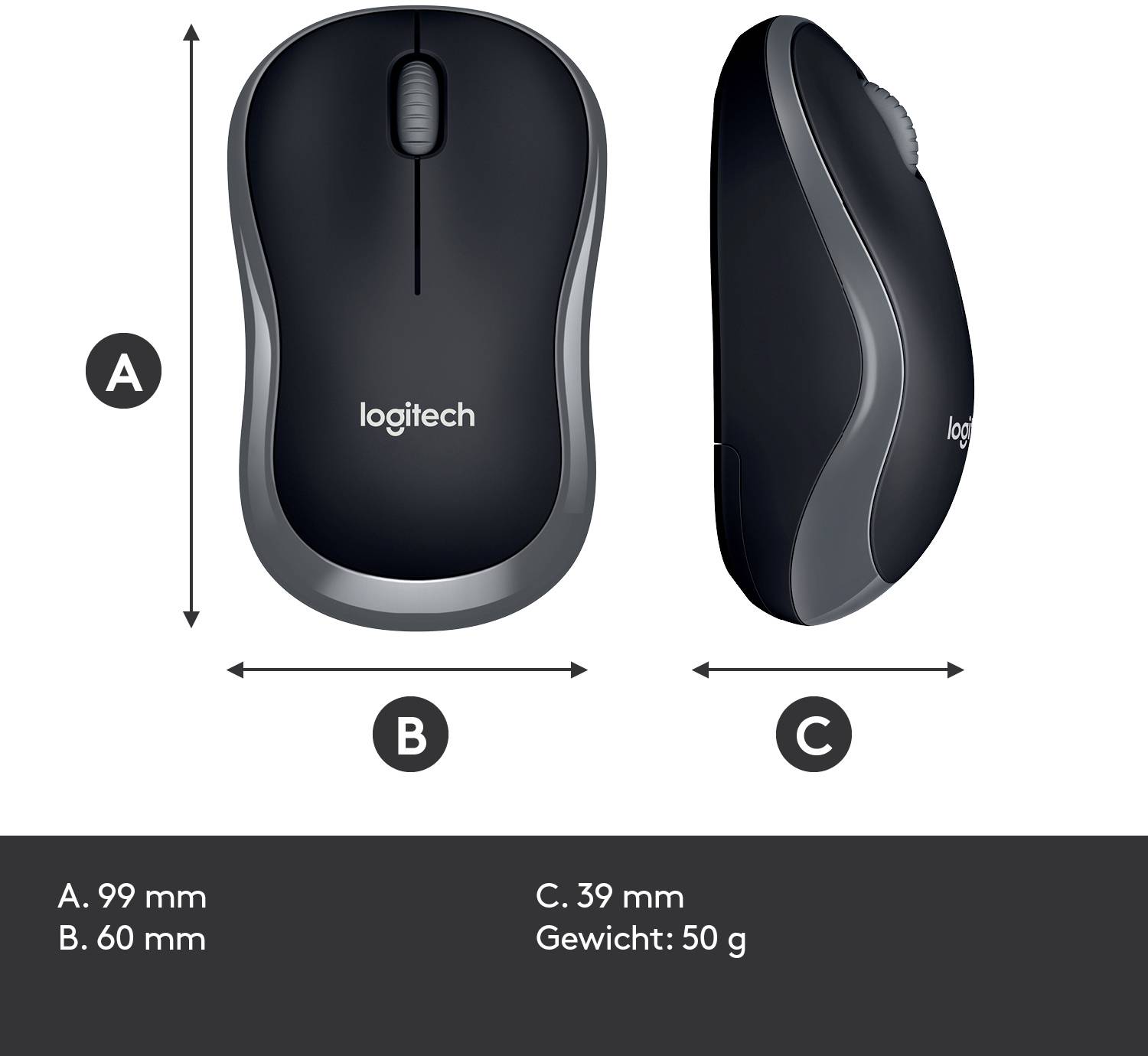 'Logitech-Maus mit Abmessungen: Länge 99 mm, Breite 60 mm, Höhe 39 mm. Gewicht 50 g.'