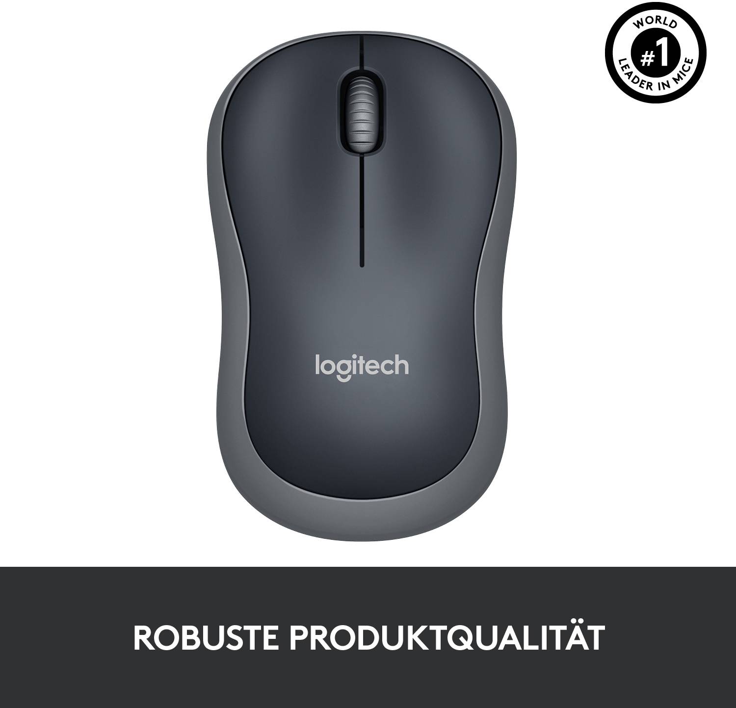 Computermaus von Logitech in Grau, darauf steht 'Logitech'. Text im Bild betont 'Robuste Produktqualität'.