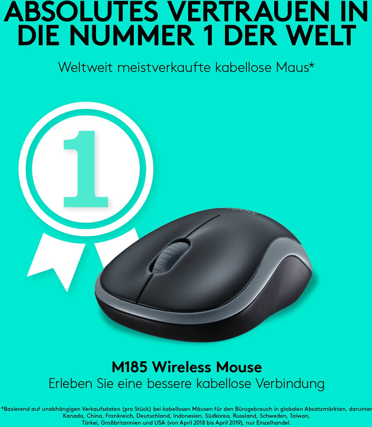 'Kabellose Maus M185' mit dem Slogan 'Absolutes Vertrauen in die Nummer 1 der Welt' und dem Hinweis auf weltweite Verkäufe.