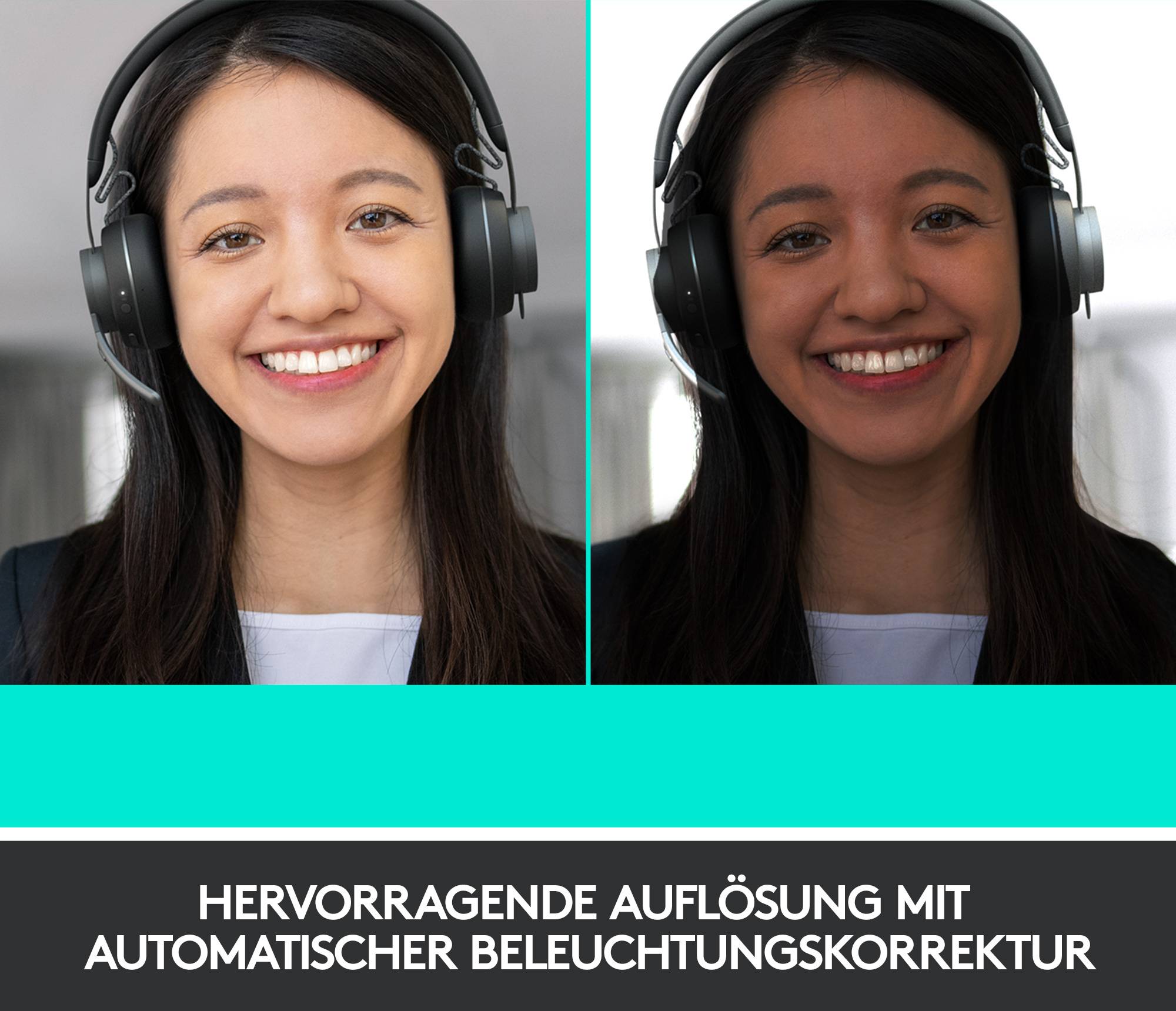 Zwei Bilder derselben Person mit Kopfhörern. Links ist das Bild hell und klar, rechts dunkel. Text unten: 'Hervorragende Auflösung mit automatischer Beleuchtungskorrektur'.
