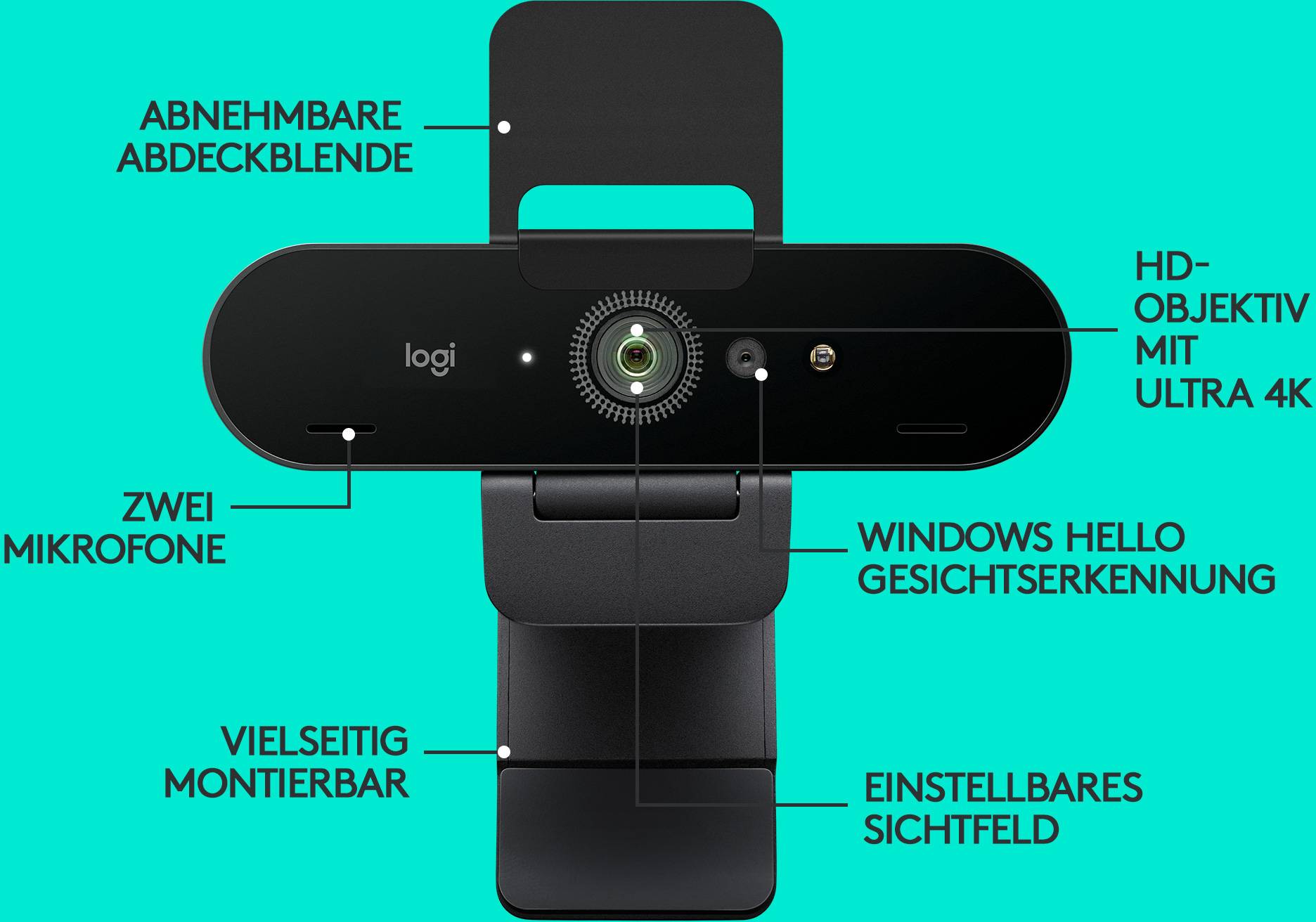 Eine Webcam mit abnehmbarer Abdeckblende, zwei Mikrofonen, 4K-HD-Objektiv, Windows Hello Gesichtserkennung und einstellbarem Sichtfeld.