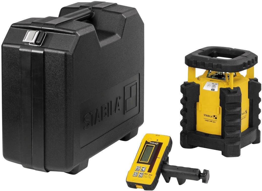 Ein schwarzer Transportkoffer, gelbes Laserniveliergerät und Empfänger. Werkzeuge zur Vermessung und Nivellierung.