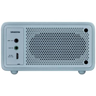 Ein hellblauer, rechteckiger Lautsprecher mit perforierter Front. Links Anschlüsse für Antenne, AUX, und Strom.