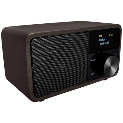 Ein dunkles Holzradio mit Digitalanzeige zeigt 'Koffee', 'Time to Chill'. Knöpfe für Power und Lautstärke befinden sich rechts.