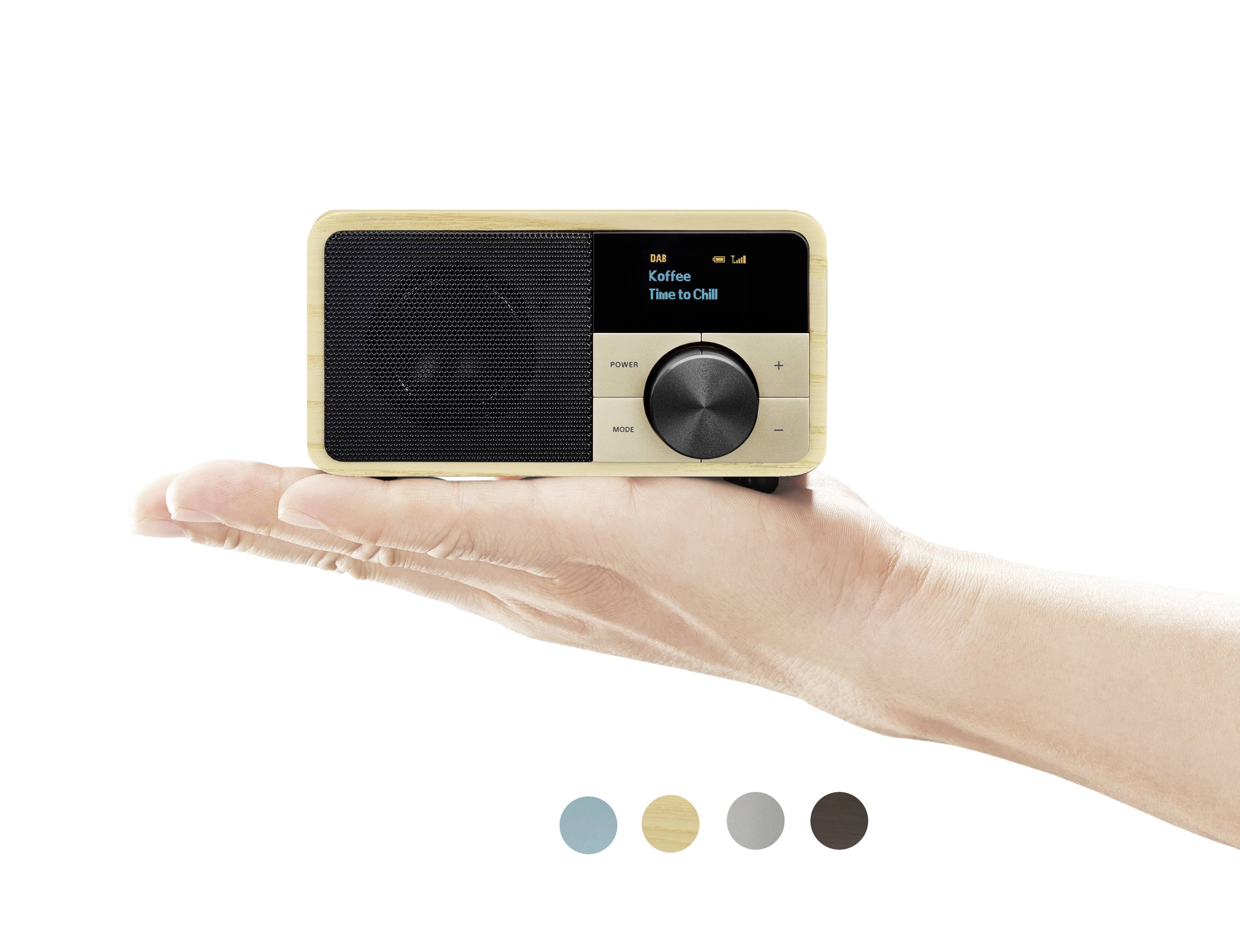 Eine Hand hält ein kleines, modernes Radio mit Holzrahmen. Auf dem Display steht 'Time to Chill'. Farboptionen sind unten gezeigt.