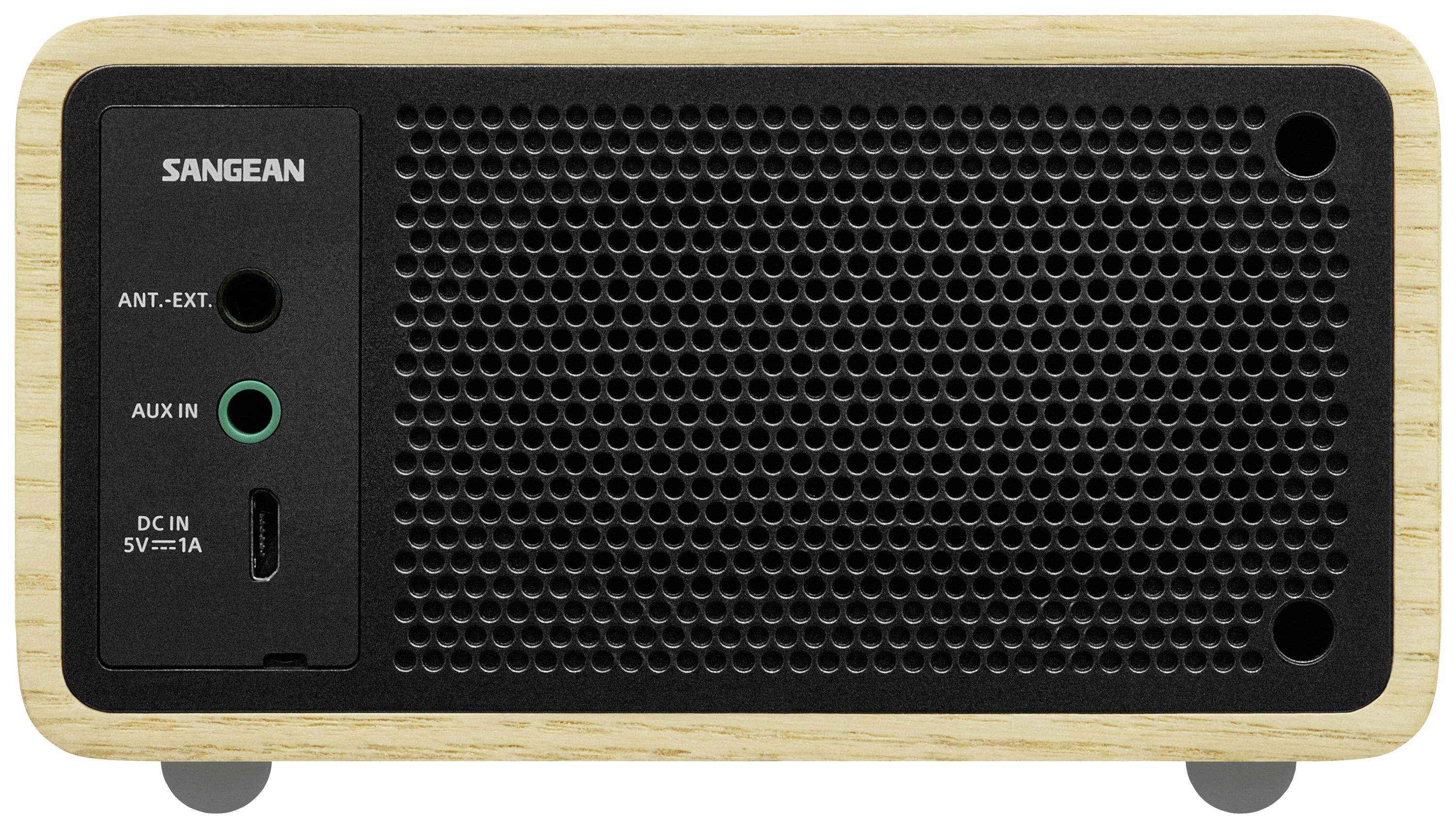 Das Bild zeigt die Rückseite eines schwarz-beigen Lautsprechers mit Anschlüssen für Antenne, AUX und Stromversorgung.