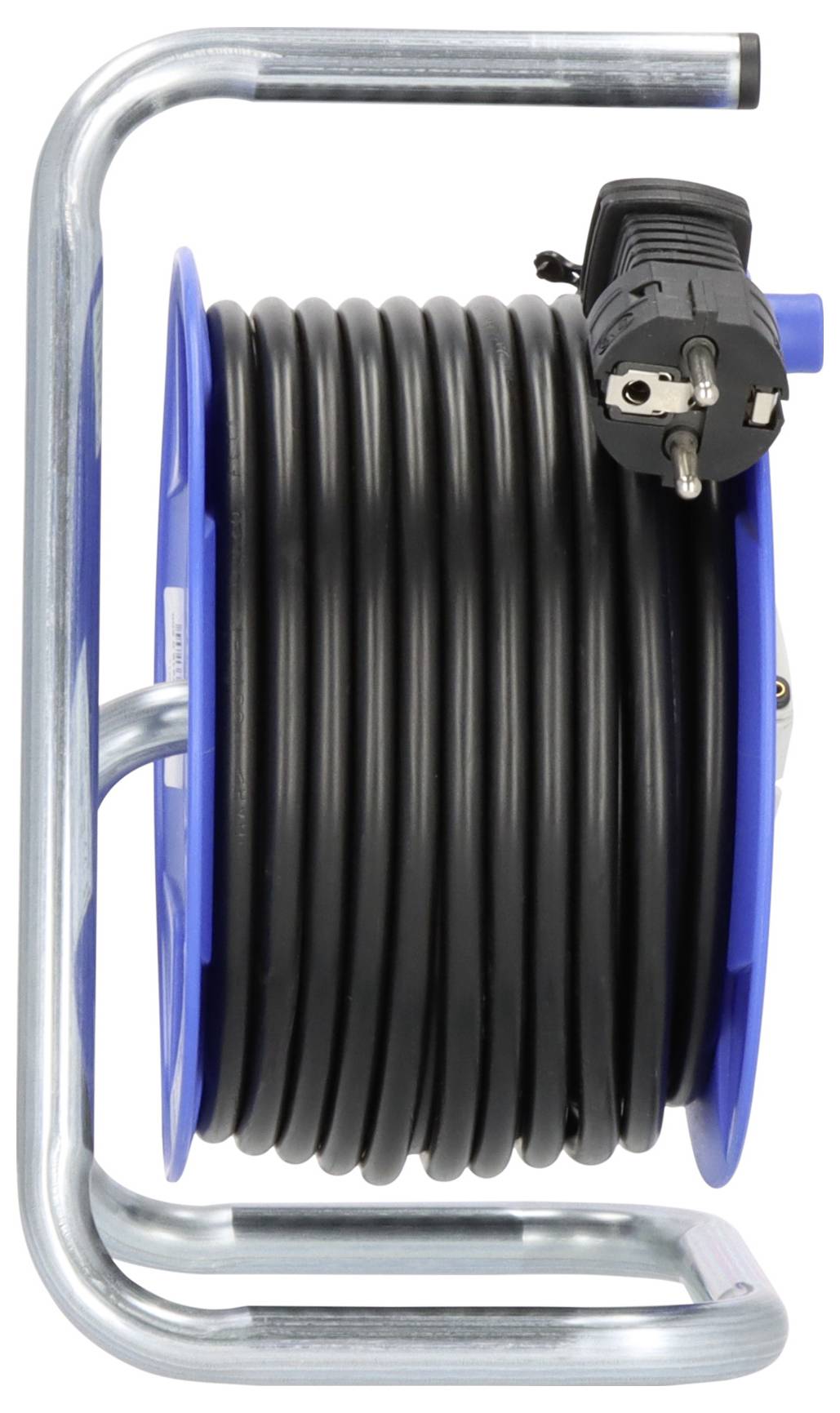Tragbare Schlauchrolle mit aufgewickeltem schwarzem Schlauch auf einem blauen Metallrahmen und Griff.