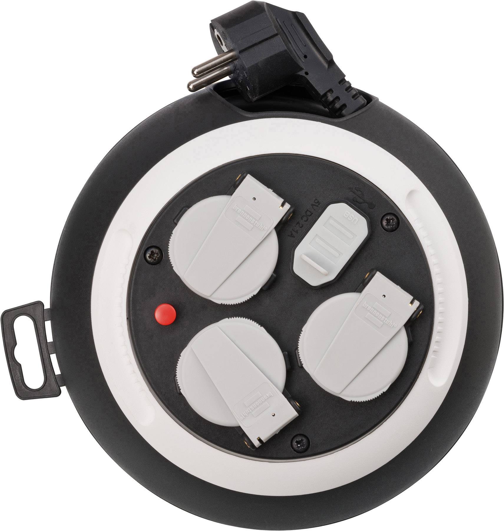 Schwarze Kabeltrommel mit drei Steckdosen und Schutzkappen.