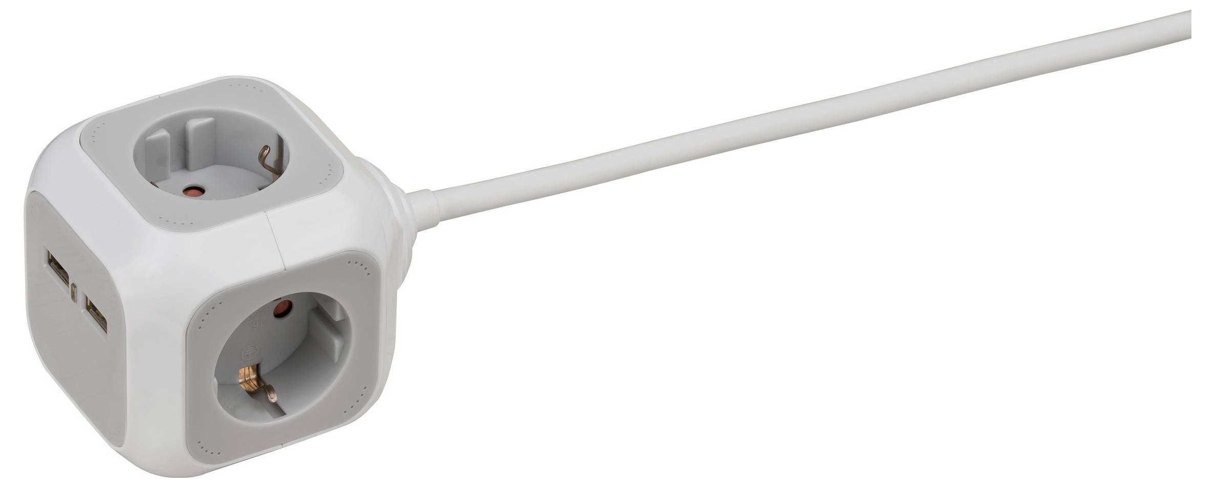 Weißer würfelförmiger Stromadapter mit mehreren europäischen Steckdosen und einem langen weißen Kabel.
