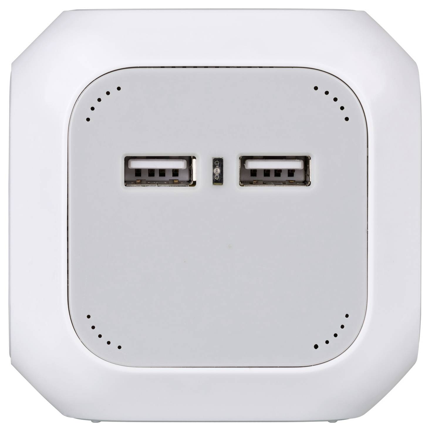 Weiße wandmontierte elektrische Vorrichtung mit zwei USB-Anschlüssen und einem kleinen zentralen Indikatorlicht auf der Frontplatte.