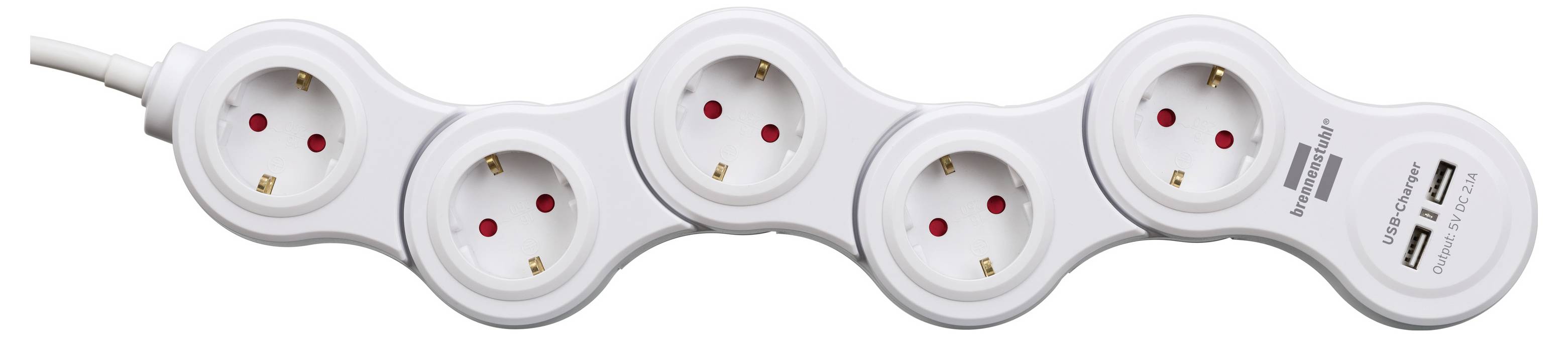 Weiße Mehrfachsteckdose mit fünf Steckplätzen mit Kabel auf der linken Seite und zwei USB-Anschlüssen auf der rechten Seite