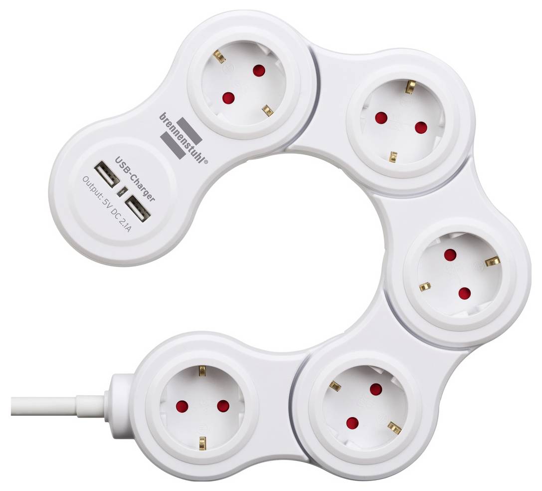 Weiße kreisförmige Steckdosenleiste mit fünf EU-Steckdosen und zwei USB-Ladeanschlüssen, ringförmig gestaltet mit angeschlossenem Stromkabel.