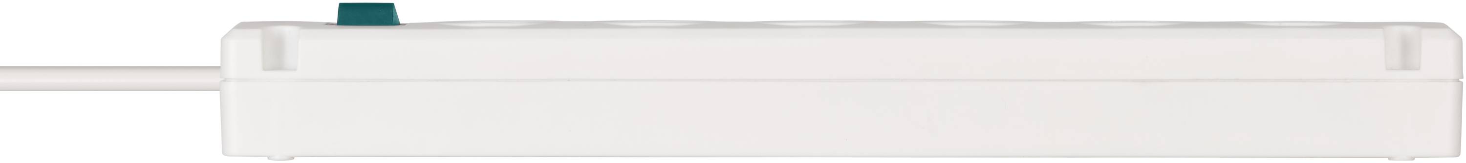 Eine weiße Steckdosenleiste mit sechs Steckplätzen und einem grünen Ein-/Ausschalter auf der linken Seite.