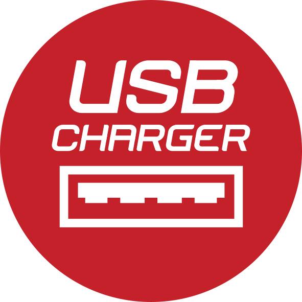 Rotes Symbol mit der Aufschrift 'USB Charger' und einer Abbildung eines USB-Anschlusses, weist auf eine USB-Lademöglichkeit hin.