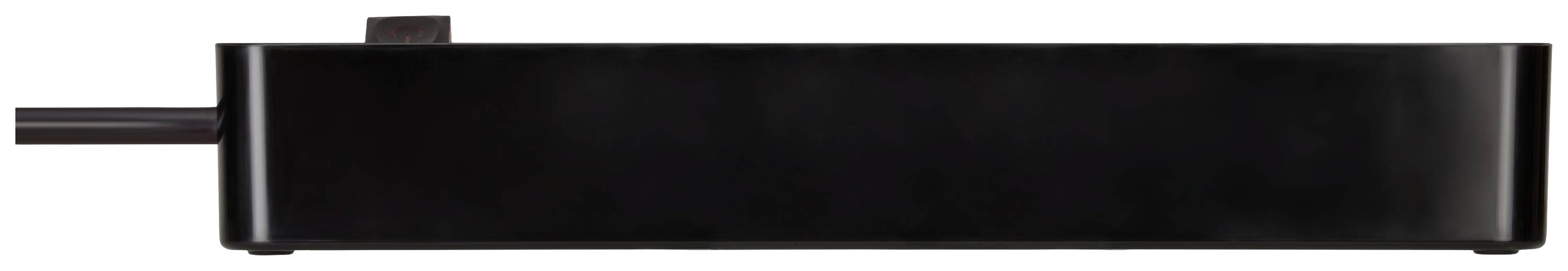 Schwarzes, rechteckiges Gerät in seitlicher Ansicht mit Kabelanschluss links. Gerät könnte ein technisches Zubehör sein.