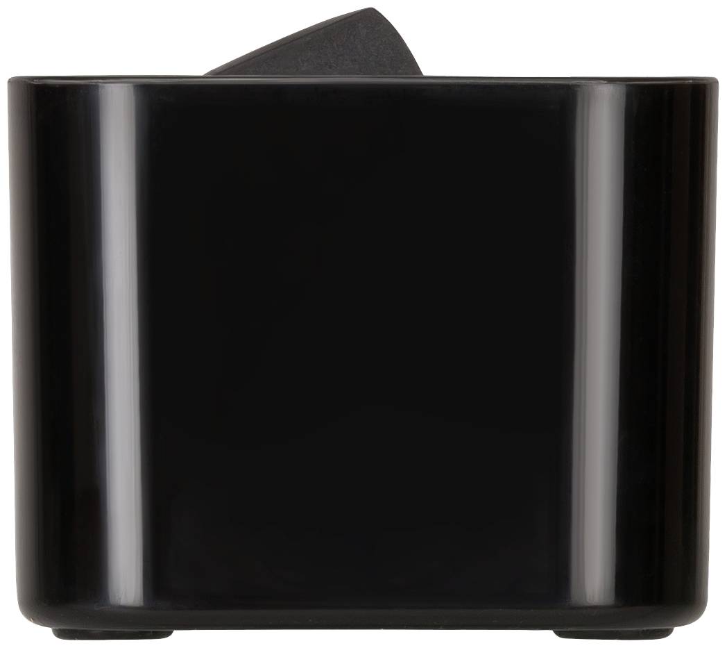 Schwarzer Toaster, schlichte zylindrische Form, aufrecht stehend, frontal fotografiert.