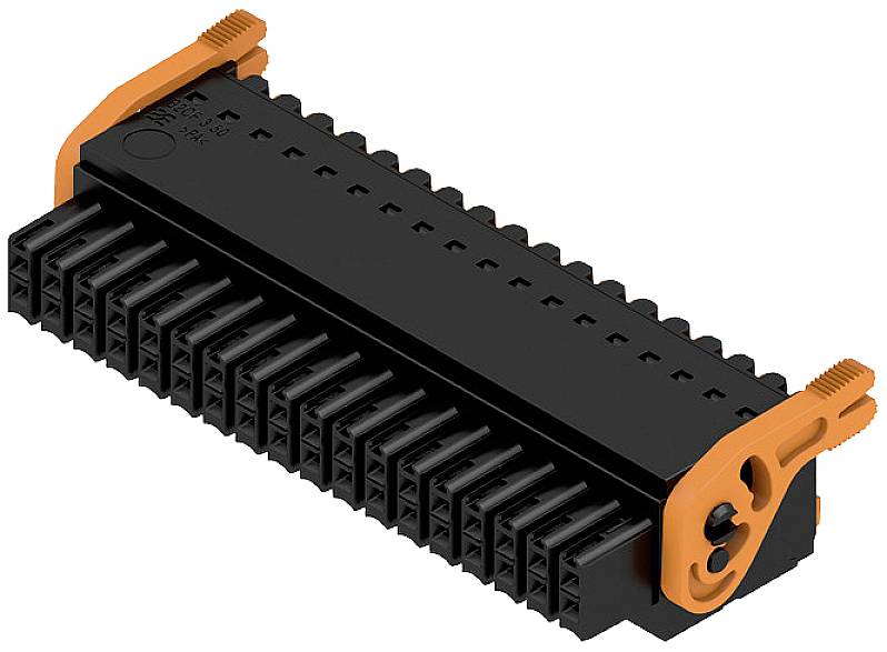Schwarzer elektrischer Steckverbinder mit orangenen Hebeln an den Seiten zur Sicherung und Verbindung elektrischer Kabel.