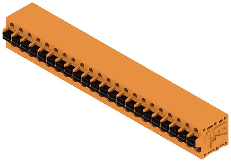 Ein orangefarbener Steckverbinderblock mit schwarzen Klemmen für elektrische Verbindungen. Ideal für den Einsatz in Schalttafeln.