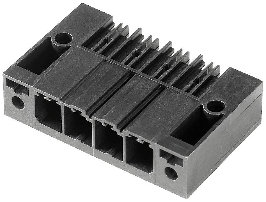 Schwarzer Kunststoffstecker mit vier rechteckigen Buchsen und geripptem Oberteil.