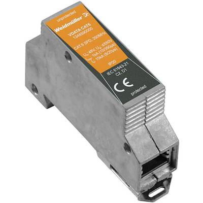 Ein Überspannungsschutzgerät Weidmüller VDAT CAT.6 für Netzwerke, spezifiziert für 48V/1A, CAT6 SPD: 250 MHz, CE-zertifiziert.