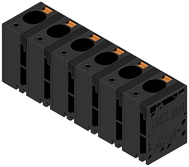 Fünf schwarze, nebeneinander liegende elektrische Klemmenblöcke mit orangefarbenen Druckknöpfen, in der Seitenansicht dargestellt.
