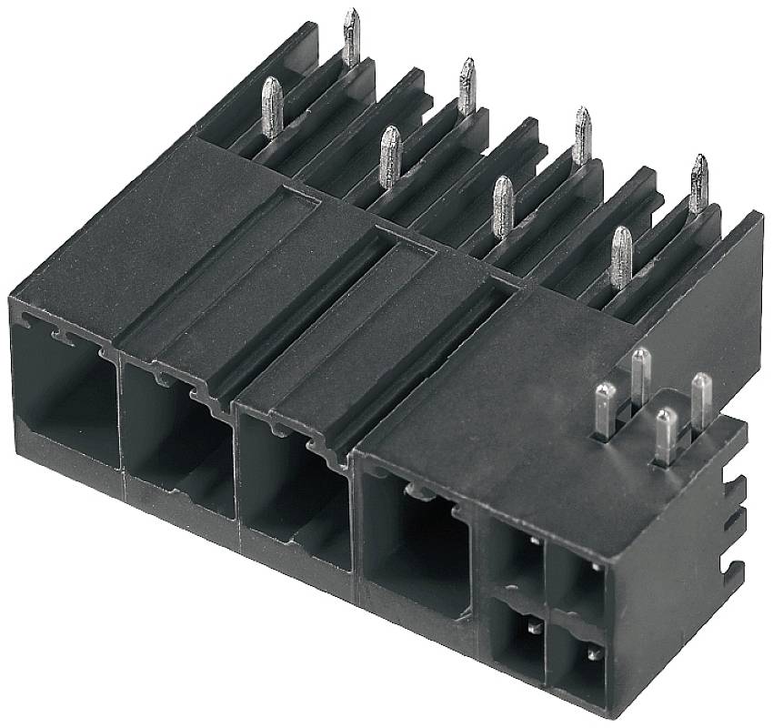 Ein schwarzer Steckverbinder mit mehreren Metallstiften, geeignet für elektronische Verbindungen.