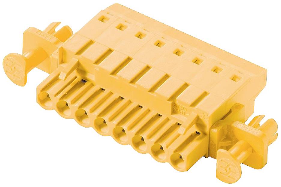 Gelber elektrischer Steckverbinder mit mehreren Anschlusspunkten, für die Verbindung von Kabeln in elektronischen Schaltungen.