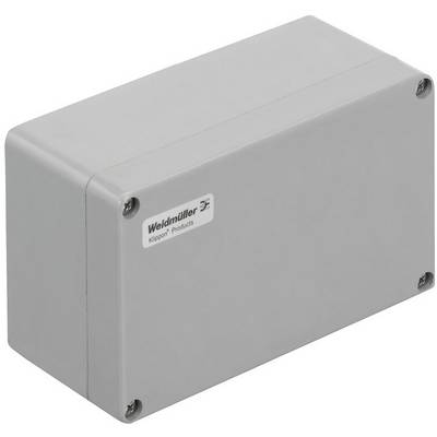 Graues rechteckiges Gehäuse von Weidmüller mit der Aufschrift 'Klippon Products', befestigt mit vier Schrauben an den Ecken.
