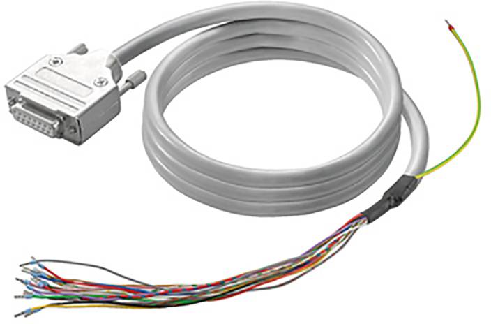 Ein graues Kabel mit einem DB9-Stecker auf der einen Seite und mehreren offenen farbigen Drähten auf der anderen.