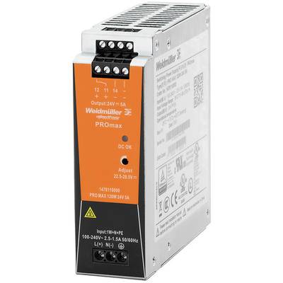 Zeigt ein orange-silbernes Weidmüller PROmax Netzteil, 120W, 24V, 5A. Modellnummer 1476110000. LED-Anzeige für DC-Status und Spannungsanpassung.