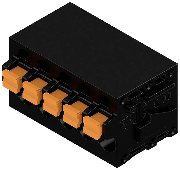 Ein schwarzer, rechteckiger Steckverbinder mit fünf orangefarbenen Klemmen, geeignet für elektrische Verbindungen.