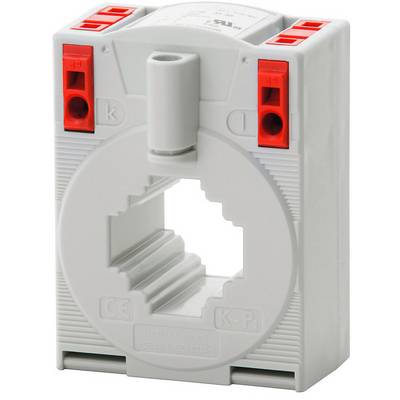 Ein weißer Stromwandler mit rotem Anschlüssen und rechteckiger Öffnung in der Mitte, dient zur Messung elektrischer Ströme.