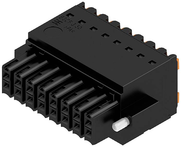 Ein schwarzer Steckverbinder mit mehreren Steckplätzen, in einer leicht schrägen Ansicht, zeigt technische Merkmale und einen kleinen weißen Hebel.