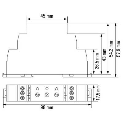 Technische Zeichnung eines Geräts mit folgenden Abmessungen: 45 mm Breite, 17,5 mm Höhe und 98 mm Länge. Seitenansicht-Höhen: 26,5 mm, 43 mm, 54,2 mm und 57,9 mm.