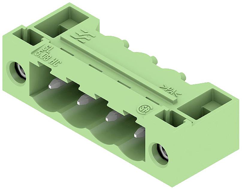 Grüner elektrischer Steckverbinderblock mit vier Anschlussklemmen, Drahtklemmmechanismus sichtbar.
