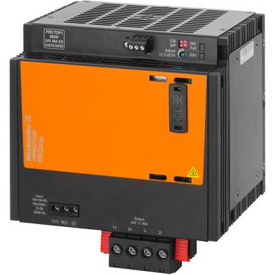 Elektronischer Schaltnetzteil von Weidmüller, Modell PROtop, mit orangefarbener Frontplatte, Anschlussklemmen unten.