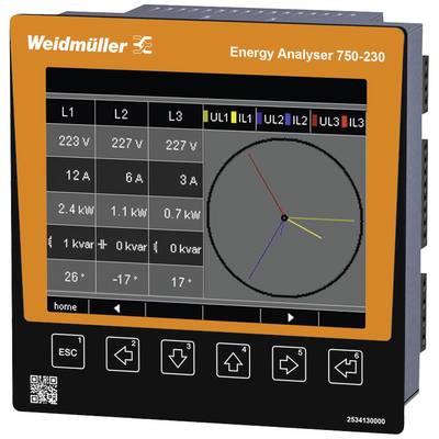 Energieanalysator von Weidmüller mit Anzeige für Spannungen, Ströme und Phasenwinkel. Gerätetyp: 750-230.
